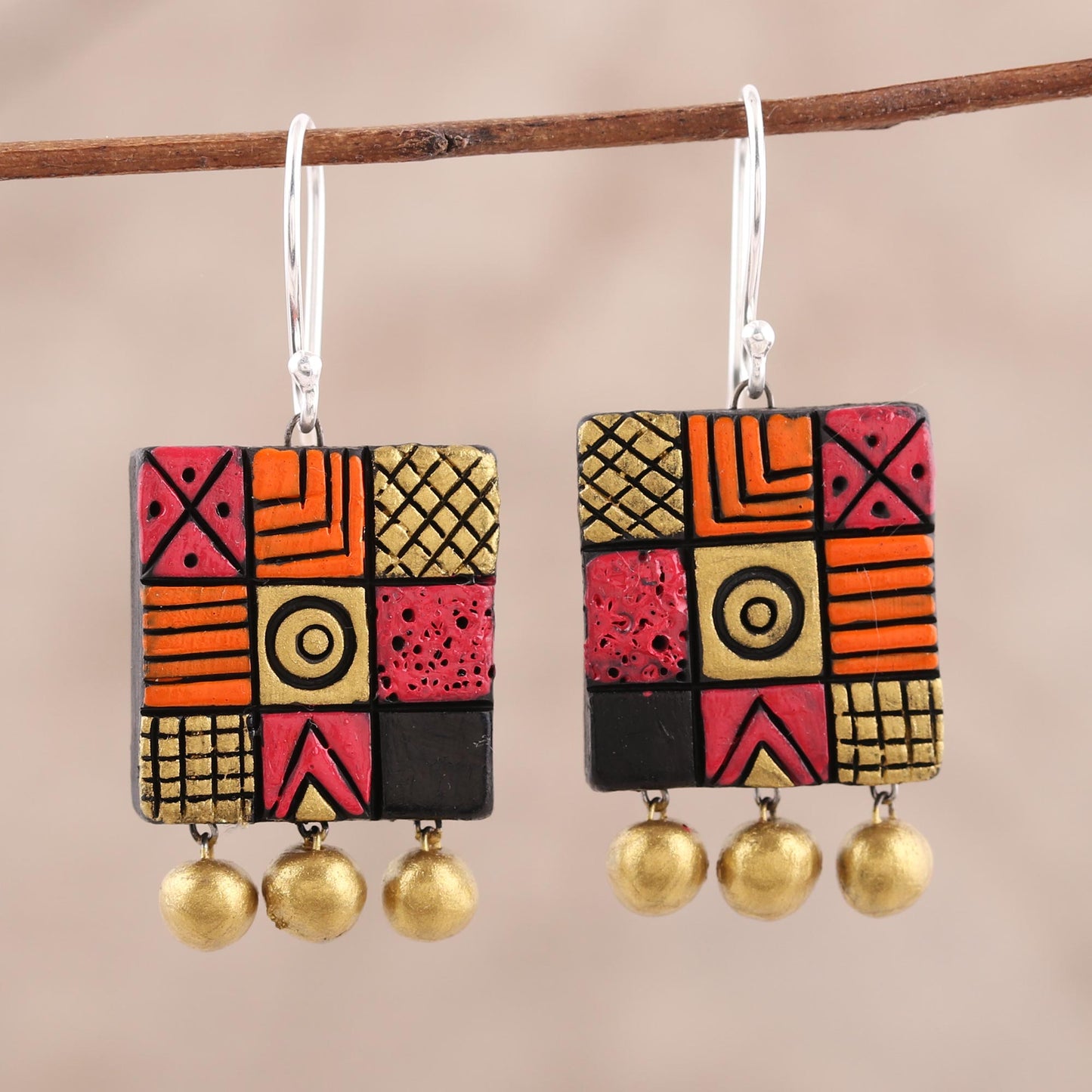 Creative Fusion Hand-Painted Square Ceramic Chandelier Earrings from India