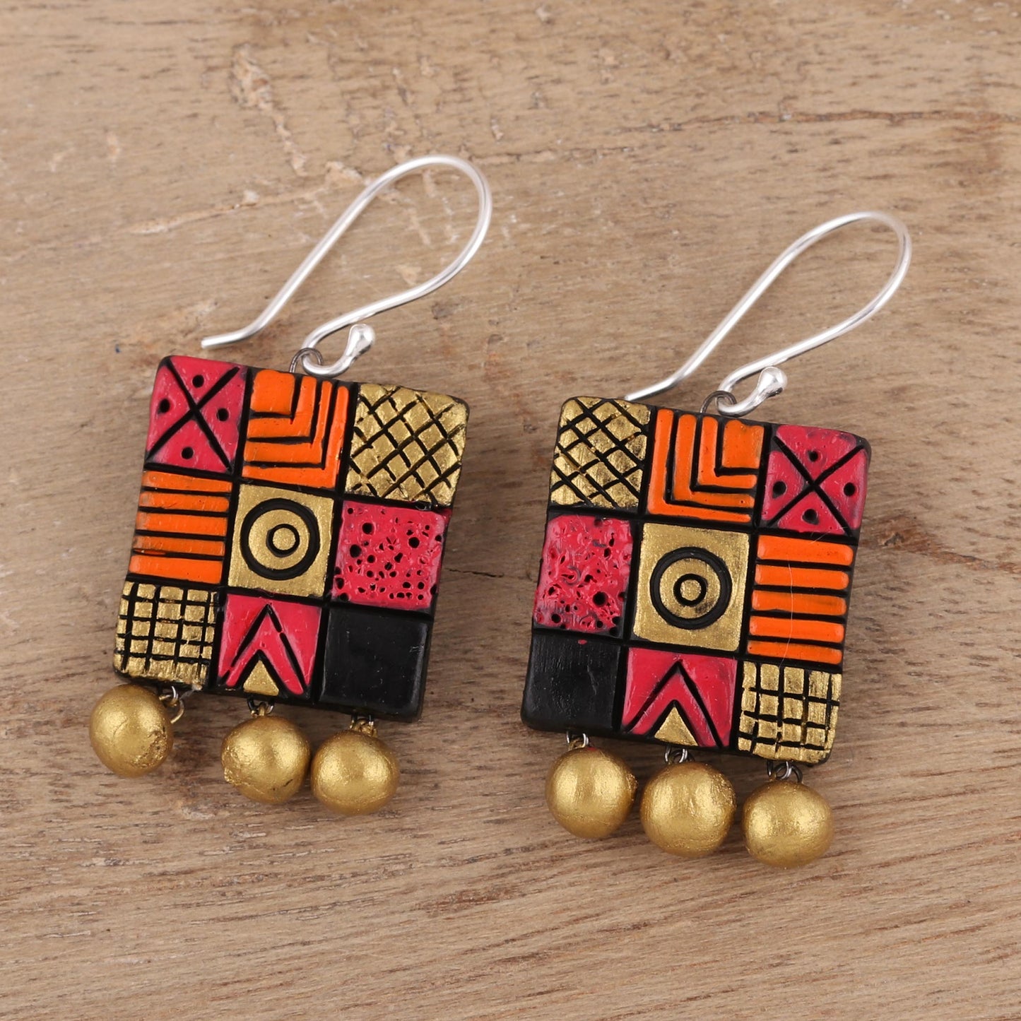 Creative Fusion Hand-Painted Square Ceramic Chandelier Earrings from India