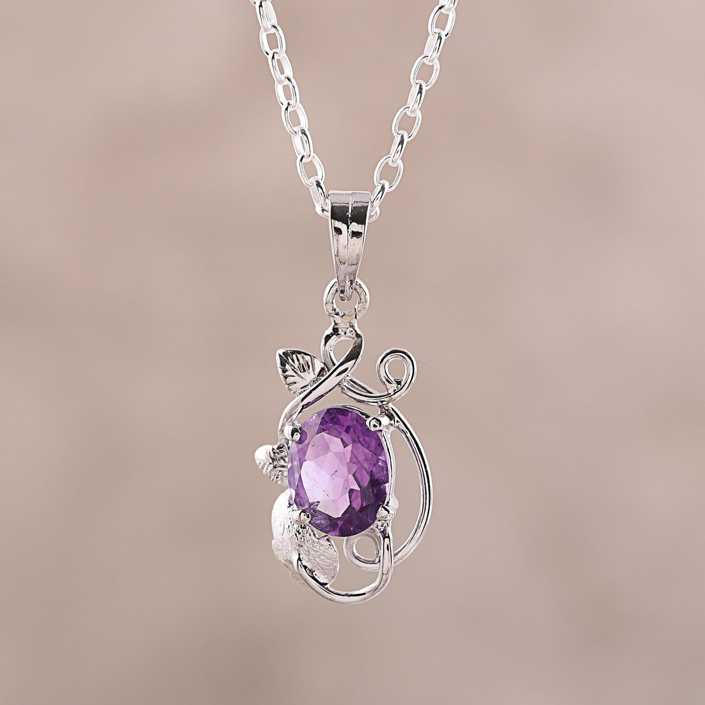 Lilac Dazzle Leafy Rhodium Plated Amethyst Pendant Necklace from India