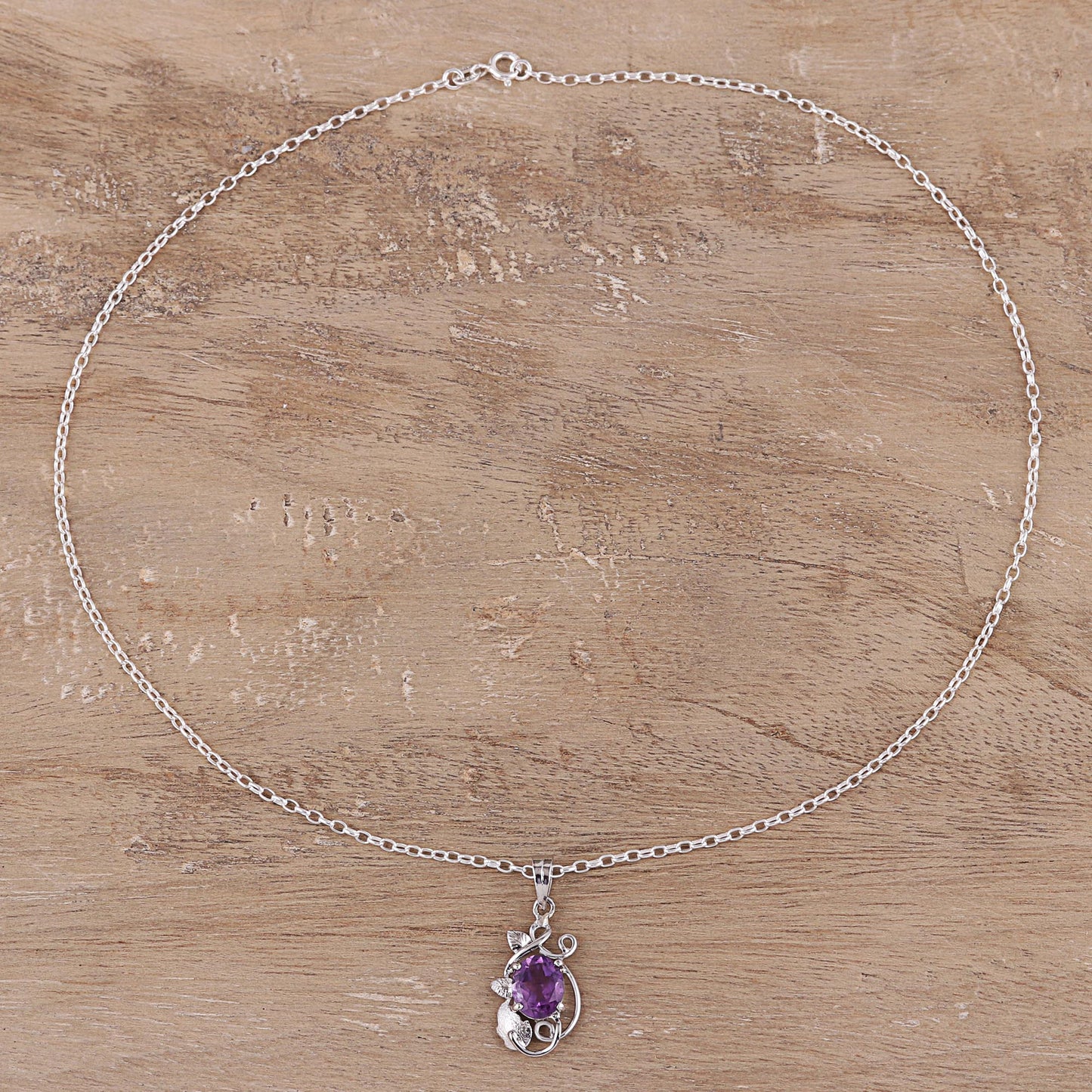 Lilac Dazzle Leafy Rhodium Plated Amethyst Pendant Necklace from India