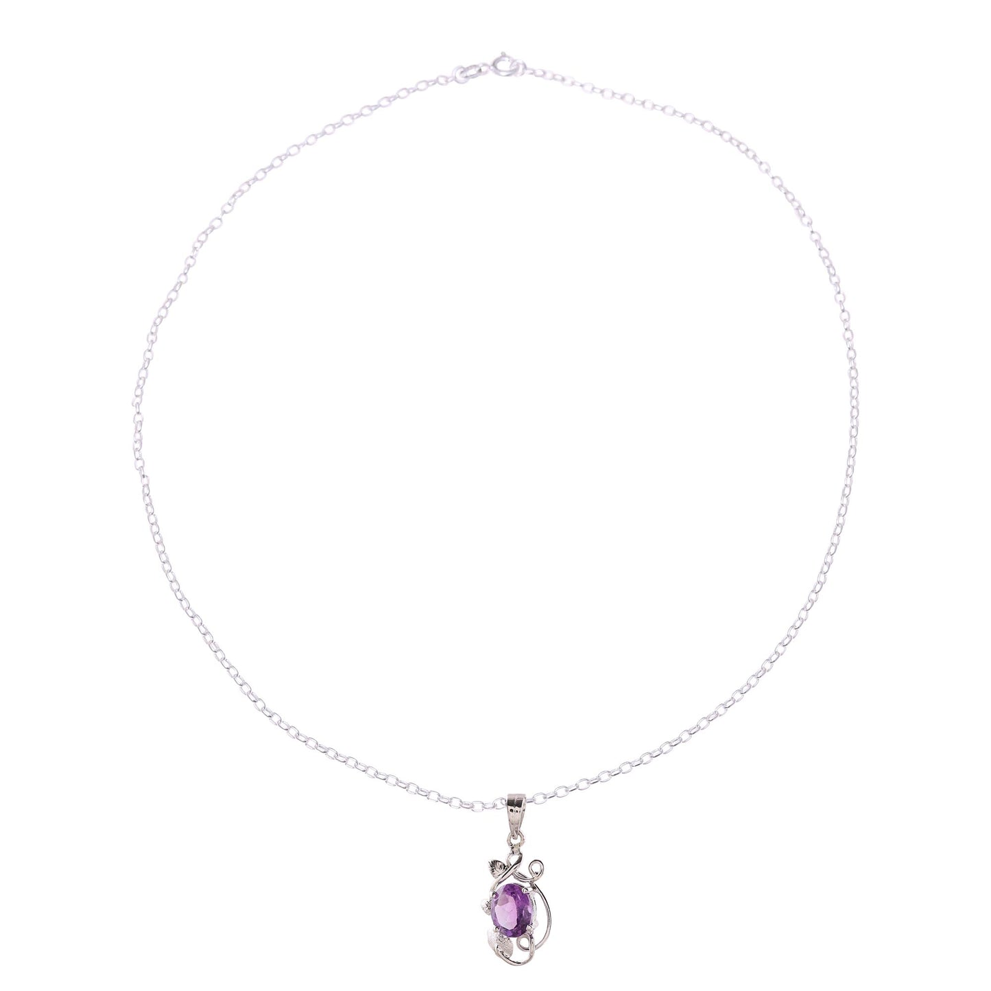 Lilac Dazzle Leafy Rhodium Plated Amethyst Pendant Necklace from India