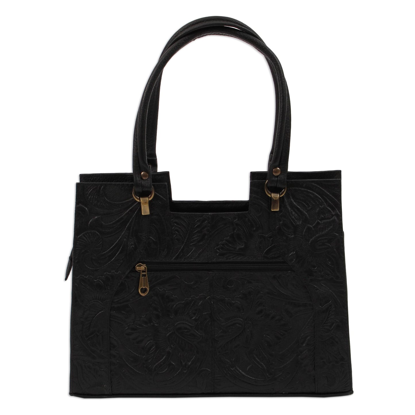 Lush Impressions in Black Handcrafted Black Embossed Leather Handbag from Mexico