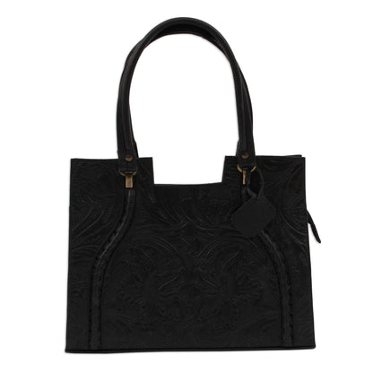 Lush Impressions in Black Handcrafted Black Embossed Leather Handbag from Mexico