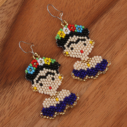 Blue Frida Glass Beaded Frida Dangle Earrings in Blue from Mexico