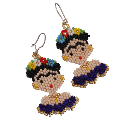 Blue Frida Glass Beaded Frida Dangle Earrings in Blue from Mexico