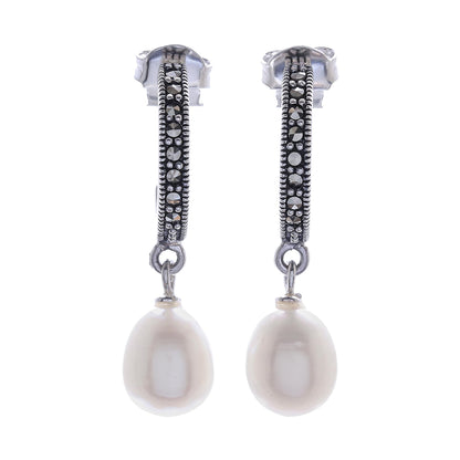 Moonlight Curve Cultured Pearl Half-Hoop Dangle Earrings from Thailand