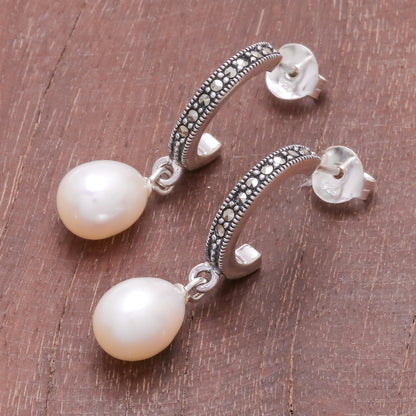 Moonlight Curve Cultured Pearl Half-Hoop Dangle Earrings from Thailand