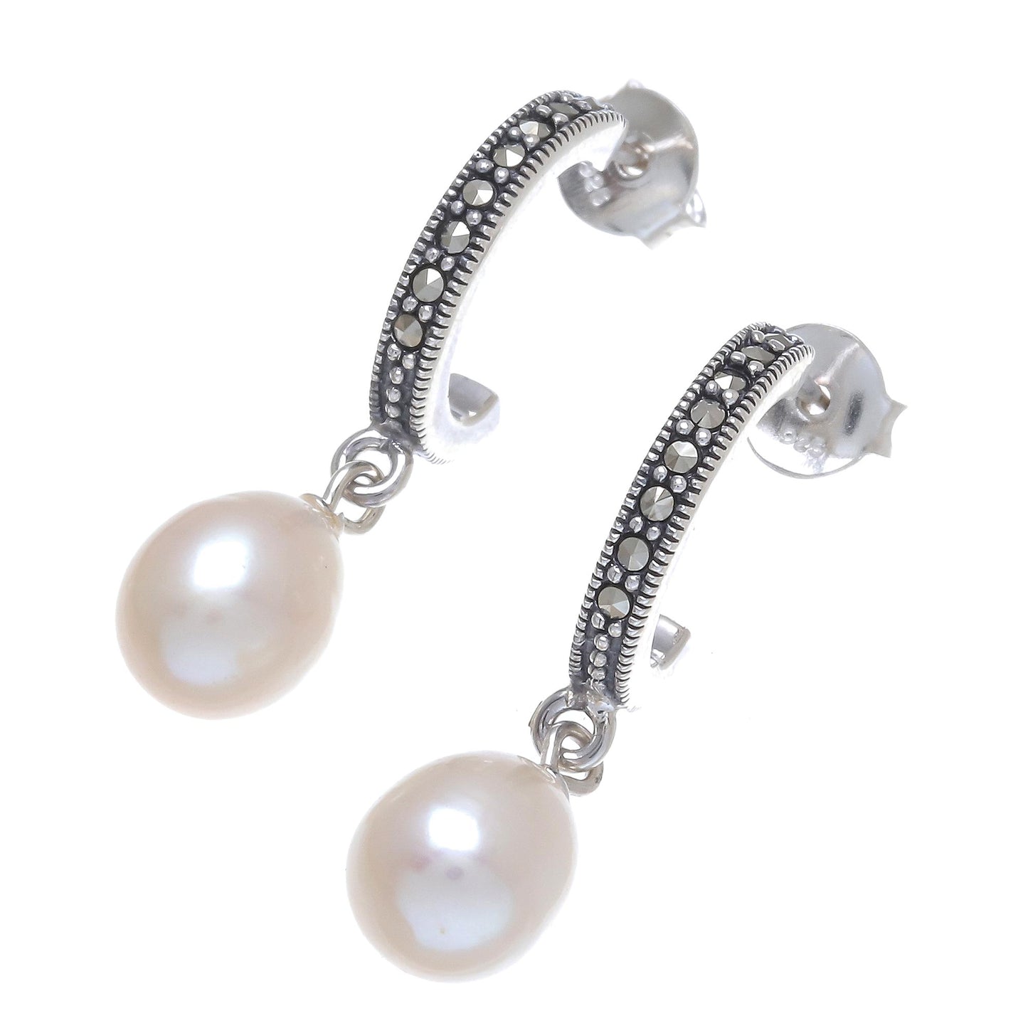 Moonlight Curve Cultured Pearl Half-Hoop Dangle Earrings from Thailand