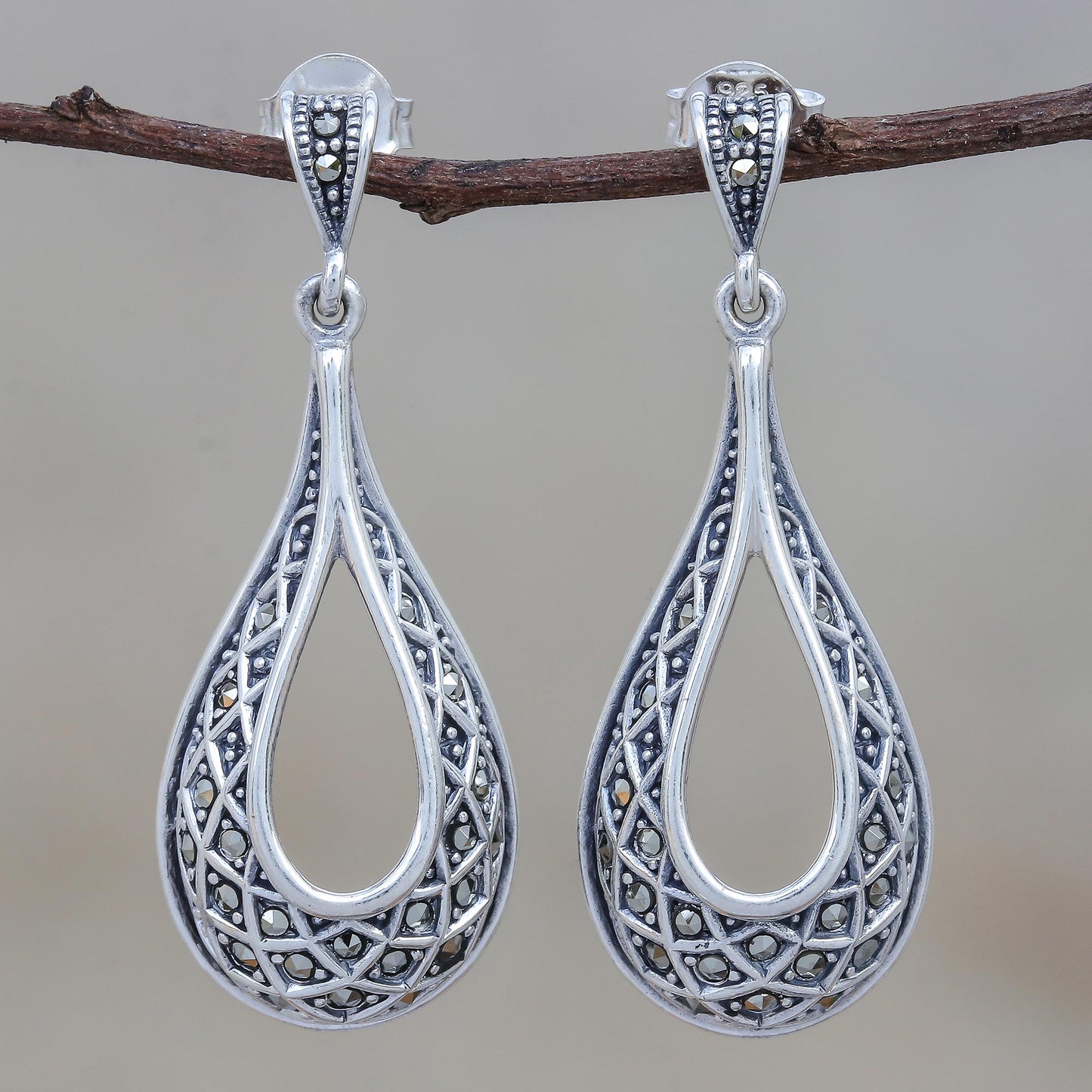 Lovely Dew Sterling Silver and Marcasite Dangle Earrings from Thailand