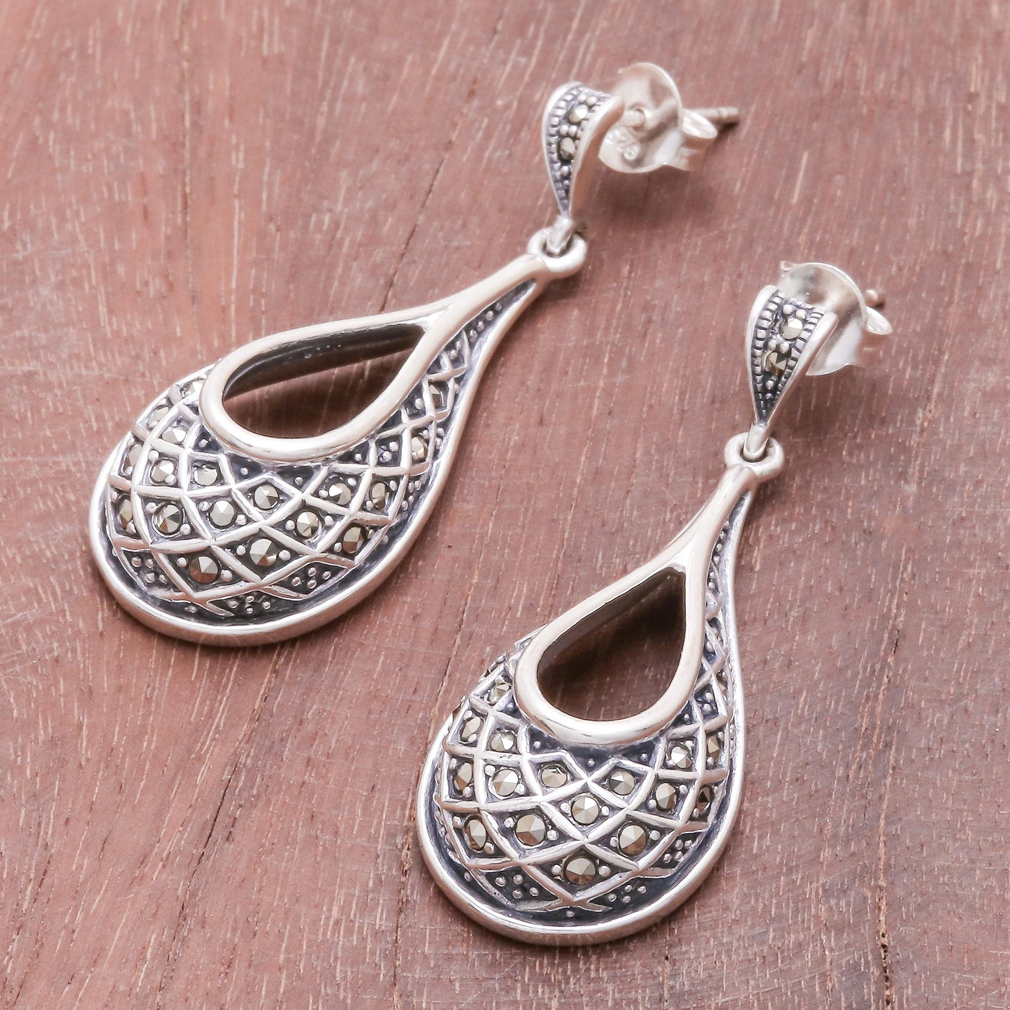 Lovely Dew Sterling Silver and Marcasite Dangle Earrings from Thailand