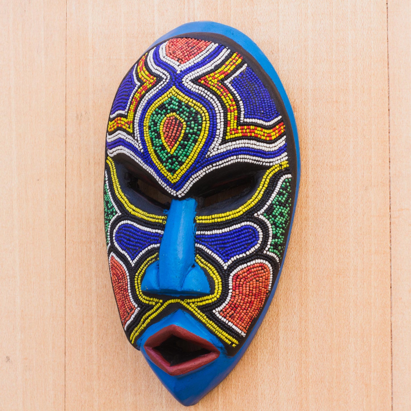 Beaded Love Recycled Plastic Beaded African Wood Mask from Ghana