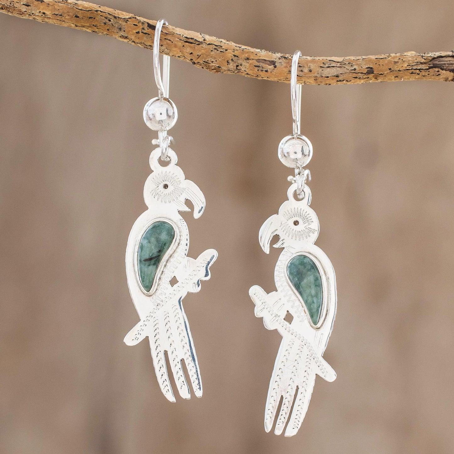 Gleaming Macaw Green Jade Macaw Dangle Earrings from Guatemala