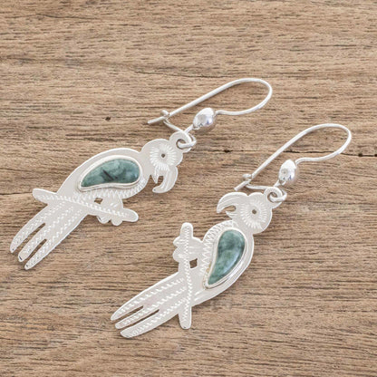 Gleaming Macaw Green Jade Macaw Dangle Earrings from Guatemala