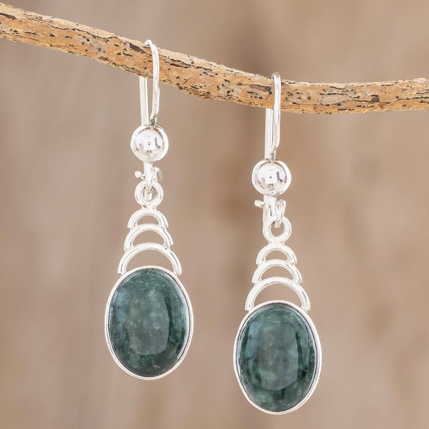 Dark Green Antique Arcs Arc Motif Jade Dangle Earrings from Guatemala