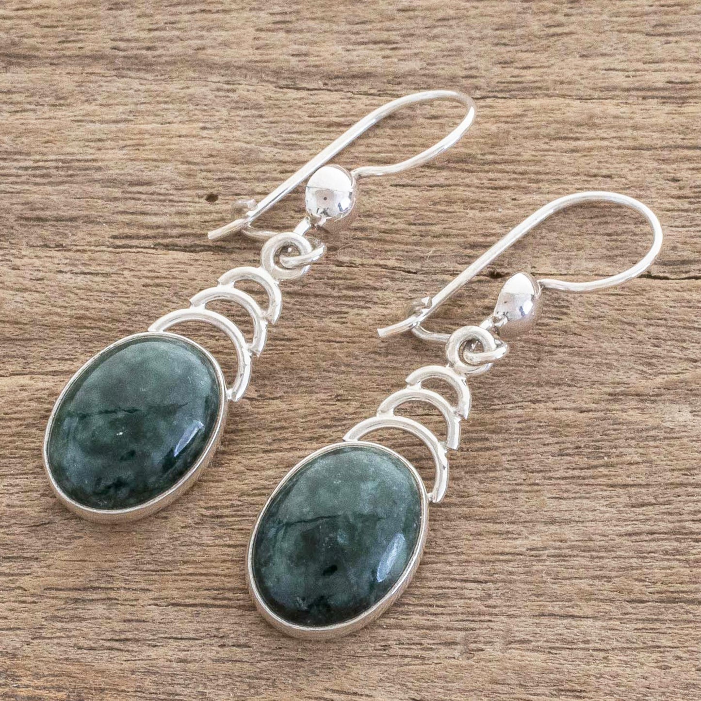 Dark Green Antique Arcs Arc Motif Jade Dangle Earrings from Guatemala