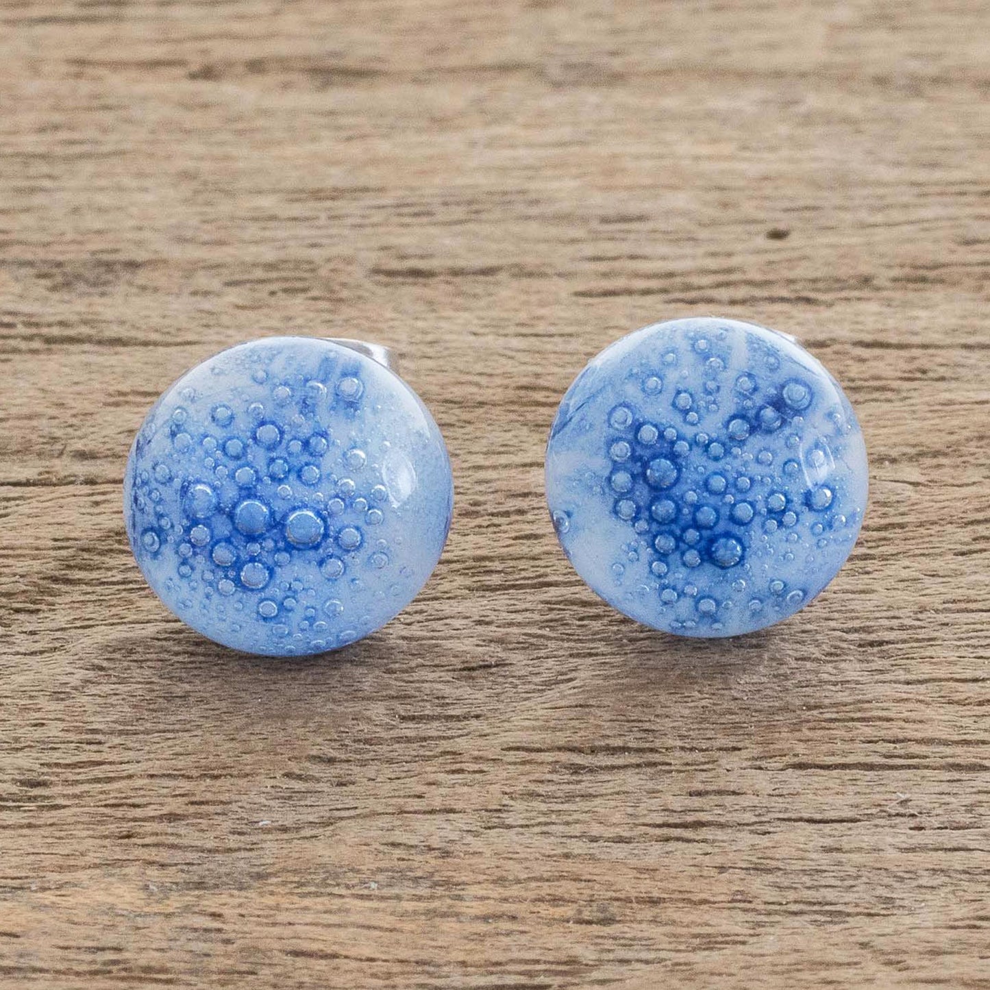 Bubble Clouds in Blue White Art Glass Stud Earrings with Blue Bubbles