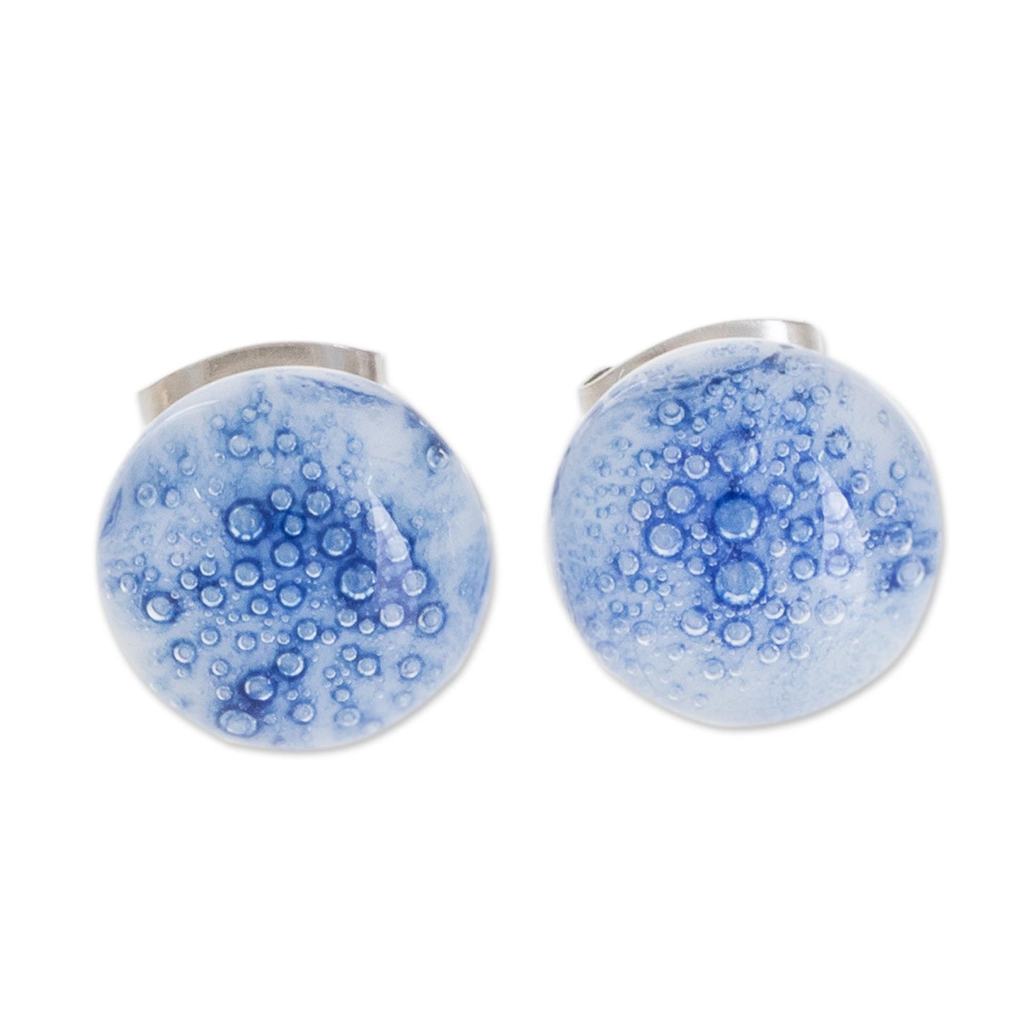 Bubble Clouds in Blue White Art Glass Stud Earrings with Blue Bubbles