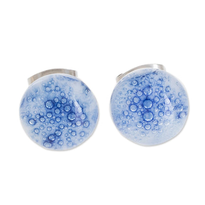 Bubble Clouds in Blue White Art Glass Stud Earrings with Blue Bubbles