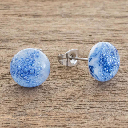 Bubble Clouds in Blue White Art Glass Stud Earrings with Blue Bubbles