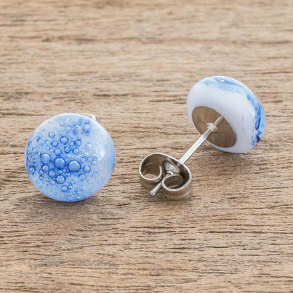 Bubble Clouds in Blue White Art Glass Stud Earrings with Blue Bubbles