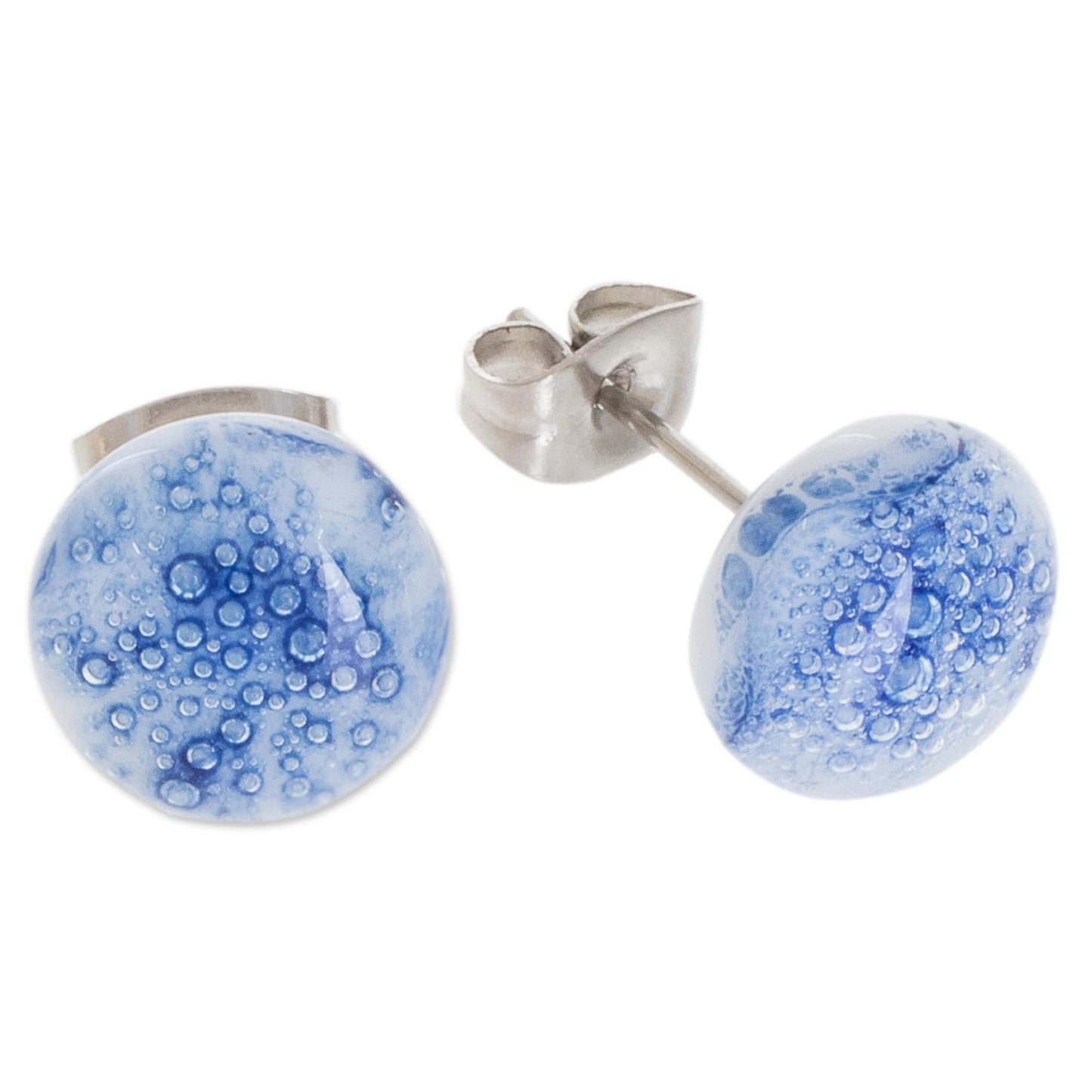 Bubble Clouds in Blue White Art Glass Stud Earrings with Blue Bubbles