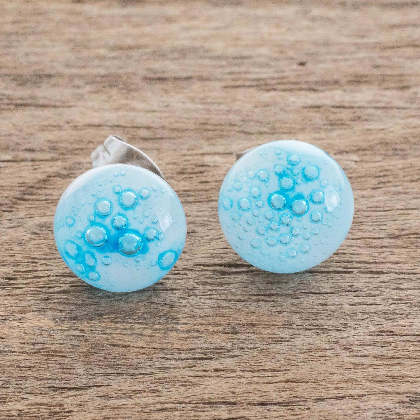 Bubble Clouds in Light Blue White Art Glass Stud Earrings with Light Blue Bubbles