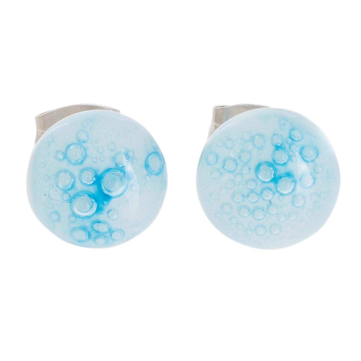 Bubble Clouds in Light Blue White Art Glass Stud Earrings with Light Blue Bubbles