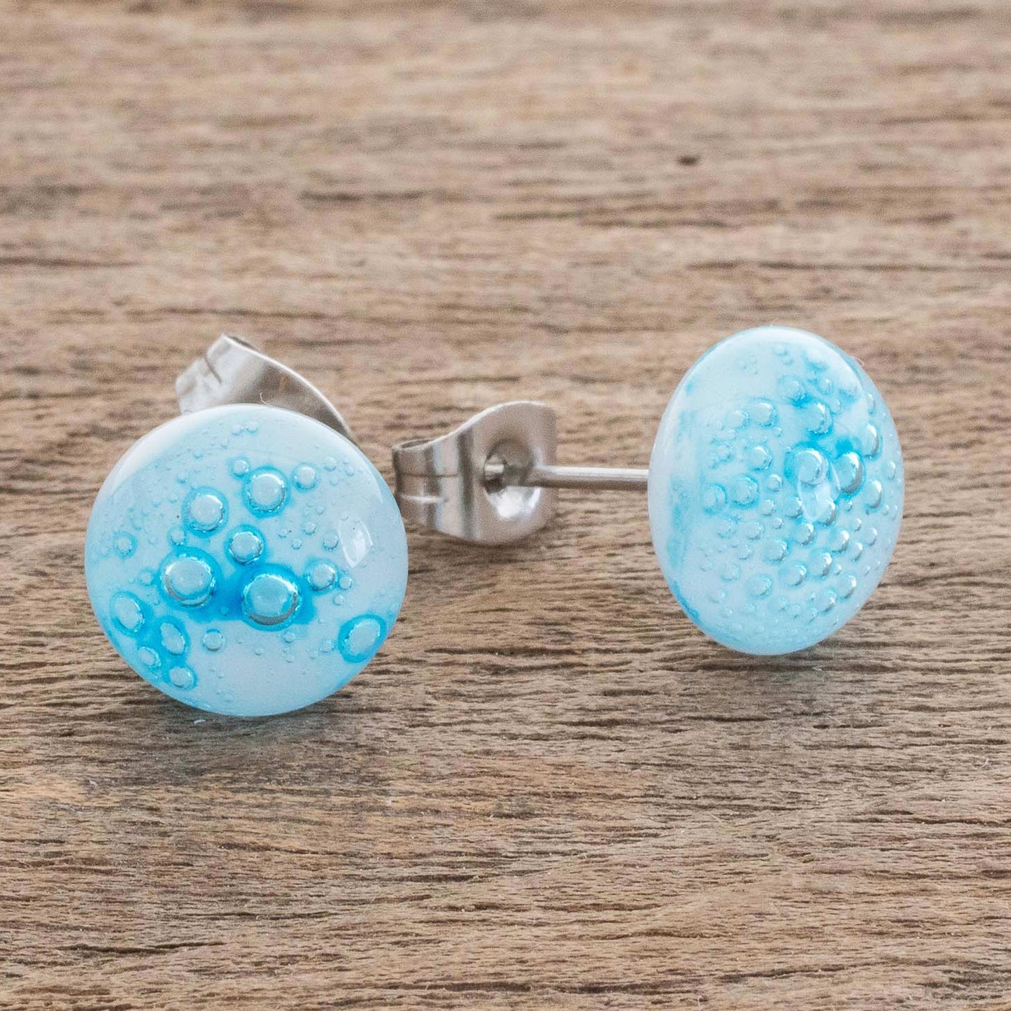 Bubble Clouds in Light Blue White Art Glass Stud Earrings with Light Blue Bubbles