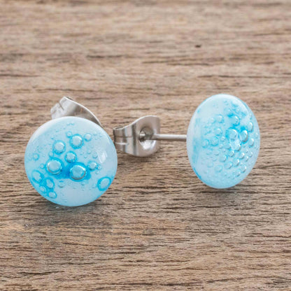 Bubble Clouds in Light Blue White Art Glass Stud Earrings with Light Blue Bubbles