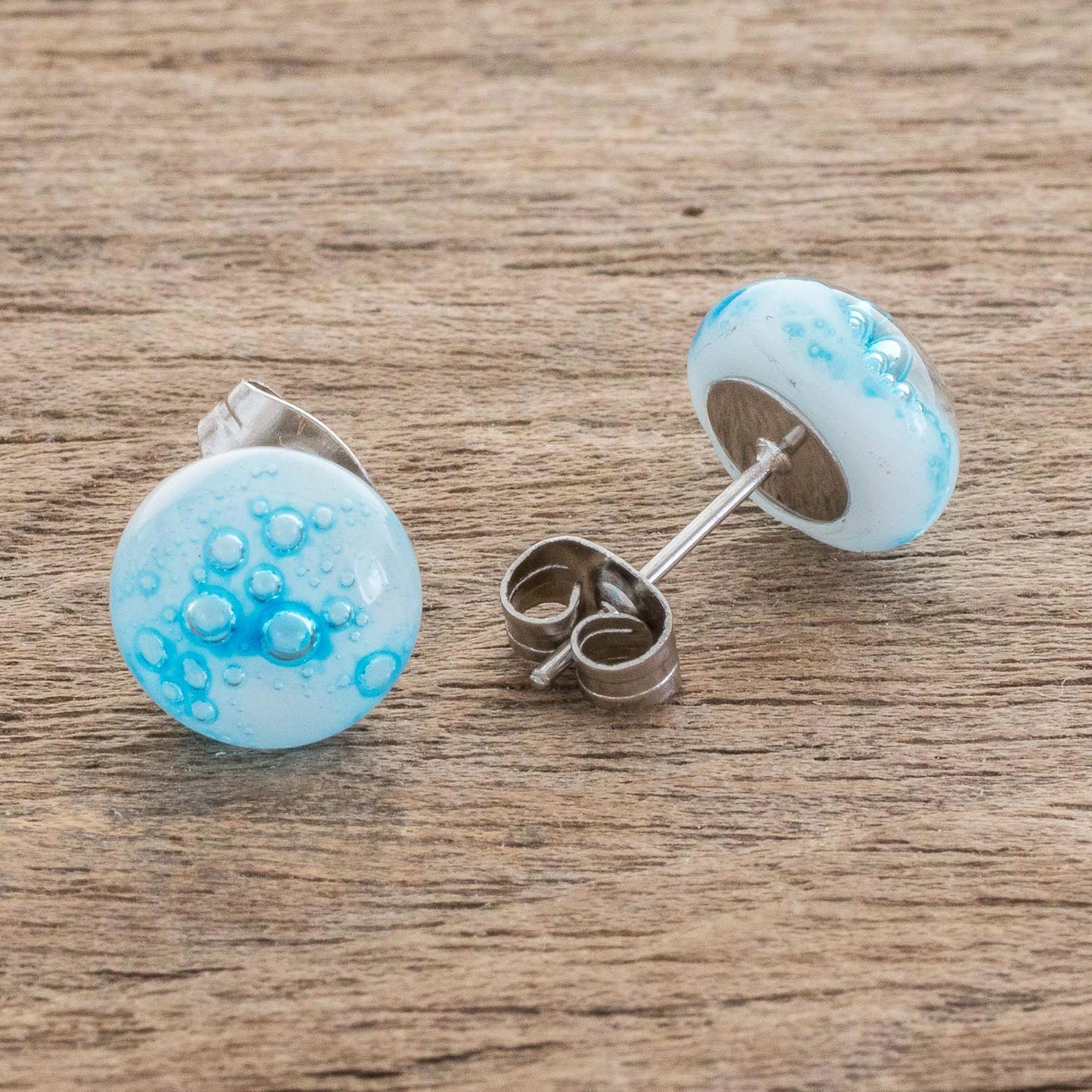 Bubble Clouds in Light Blue White Art Glass Stud Earrings with Light Blue Bubbles