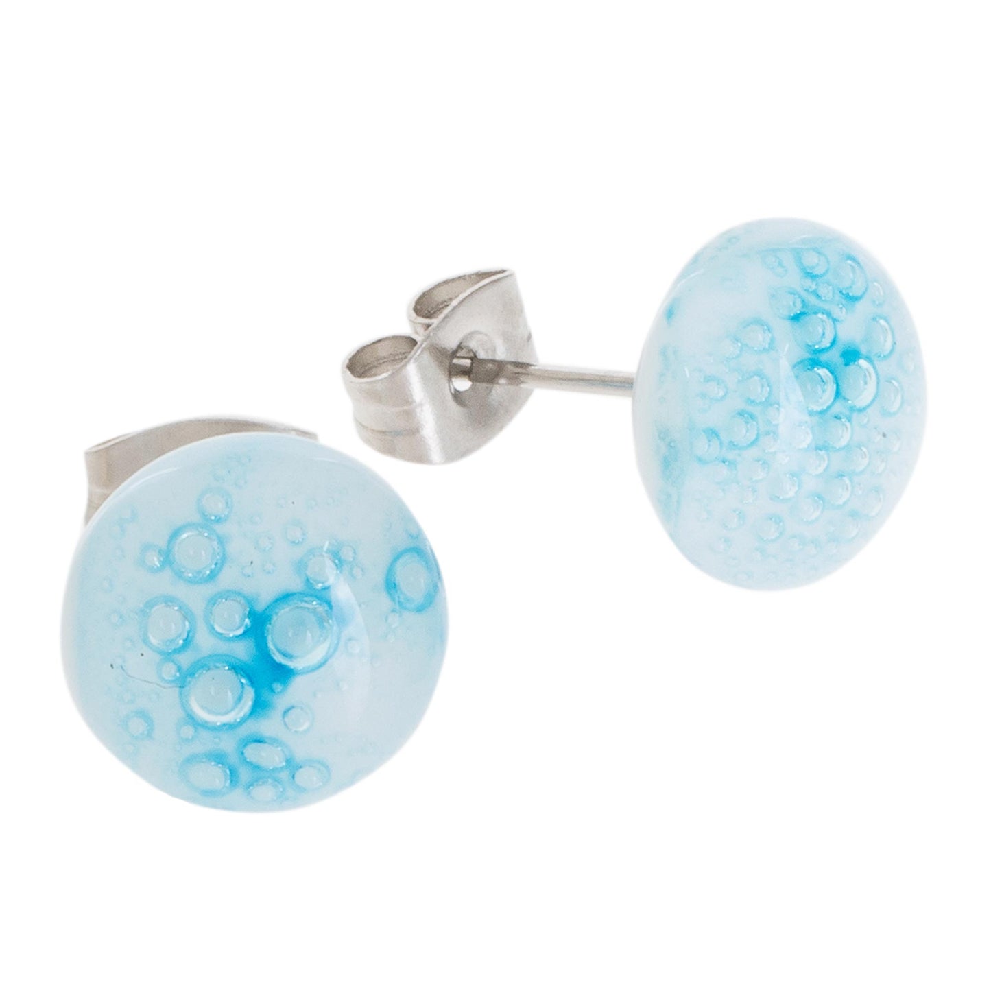 Bubble Clouds in Light Blue White Art Glass Stud Earrings with Light Blue Bubbles