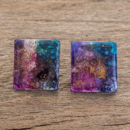 Cosmic Constellation Colorful Square Recycled Glass Button Earrings