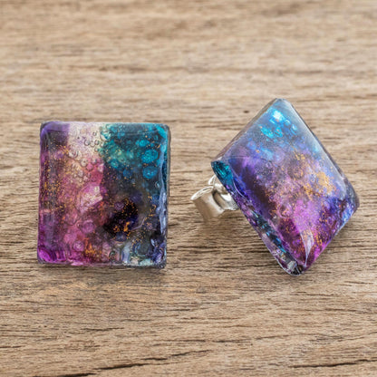 Cosmic Constellation Colorful Square Recycled Glass Button Earrings