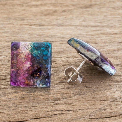 Cosmic Constellation Colorful Square Recycled Glass Button Earrings