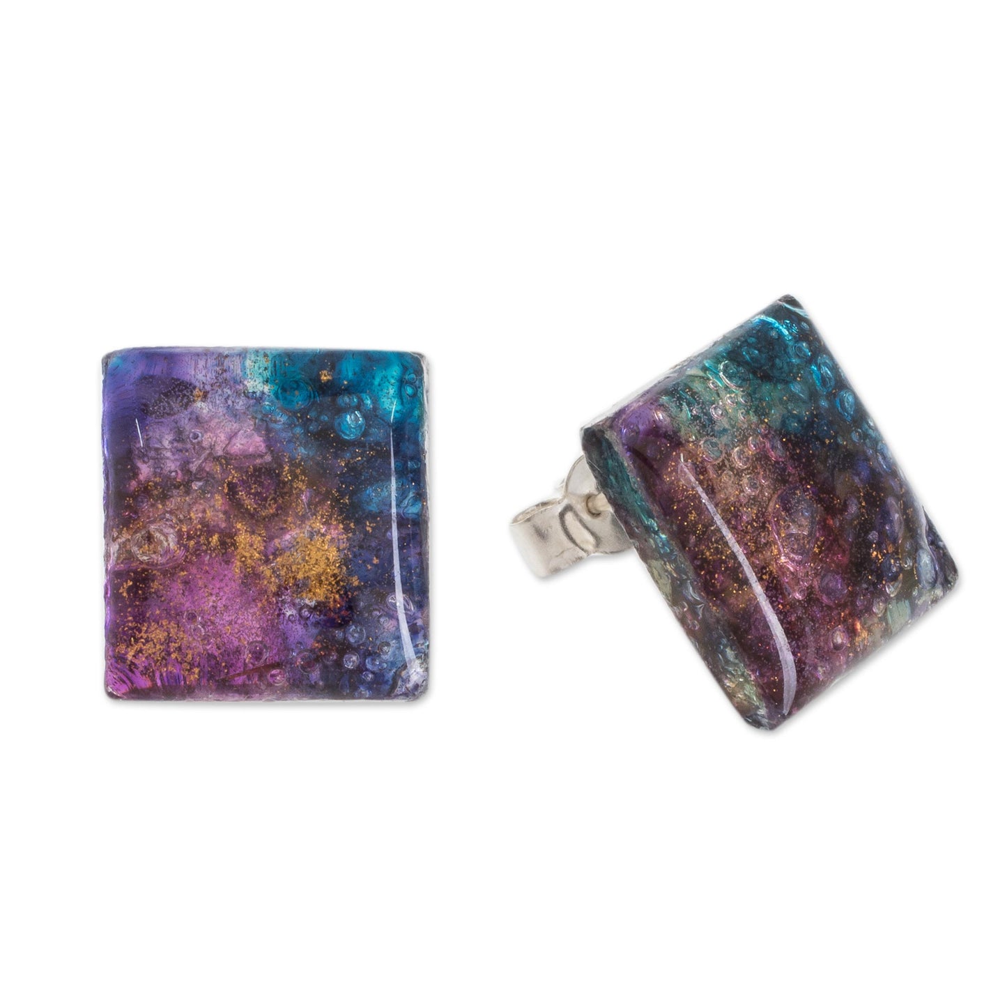 Cosmic Constellation Colorful Square Recycled Glass Button Earrings