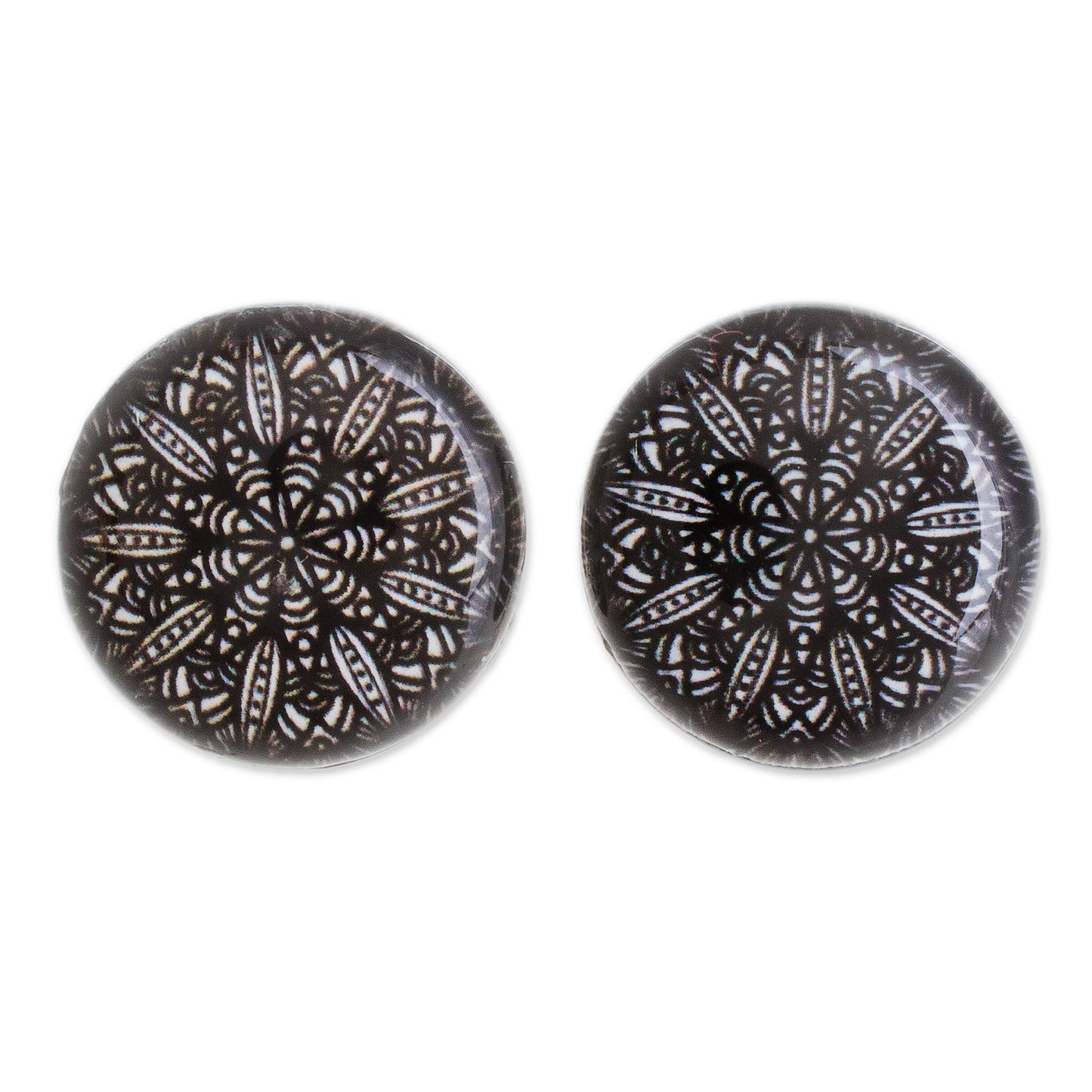 Elegant Intricacy Black and White Resin and Paper Stud Earrings