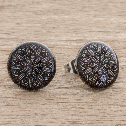 Elegant Intricacy Black and White Resin and Paper Stud Earrings