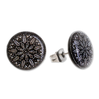 Elegant Intricacy Black and White Resin and Paper Stud Earrings