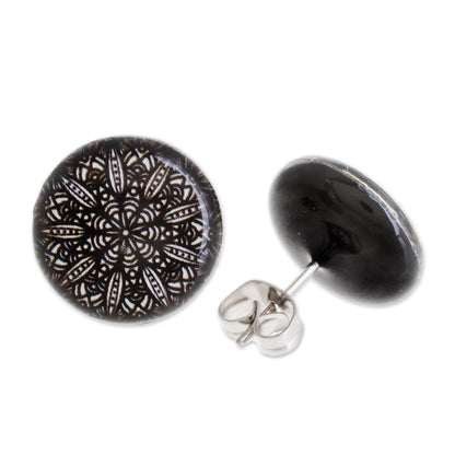 Elegant Intricacy Black and White Resin and Paper Stud Earrings