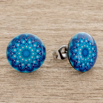 Blue Rivers Resin and Paper Stud Earrings in Blue from Costa Rica