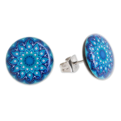 Blue Rivers Resin and Paper Stud Earrings in Blue from Costa Rica