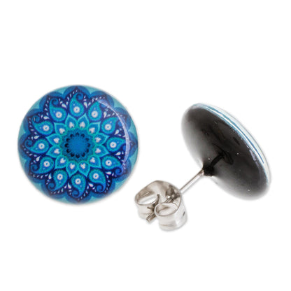 Blue Rivers Resin and Paper Stud Earrings in Blue from Costa Rica