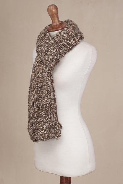 Chocolate River Brown and White 100% Alpaca Hand Knit Cable Stitch Scarf