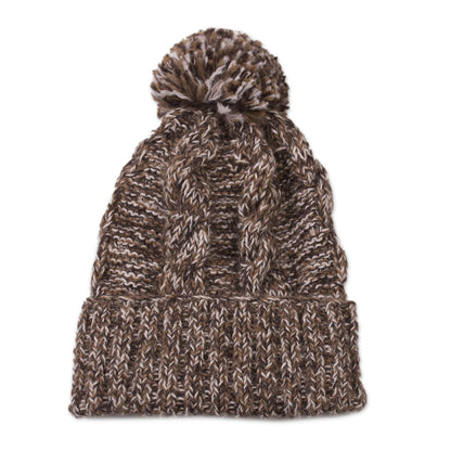 Chocolate River Brown and White 100% Alpaca Hand Knit Cable Stitch Hat