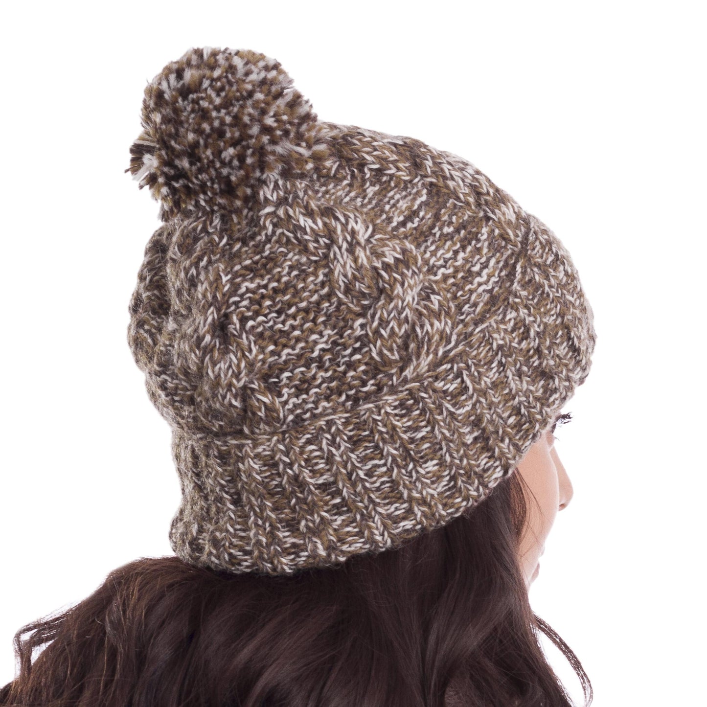 Chocolate River Brown and White 100% Alpaca Hand Knit Cable Stitch Hat