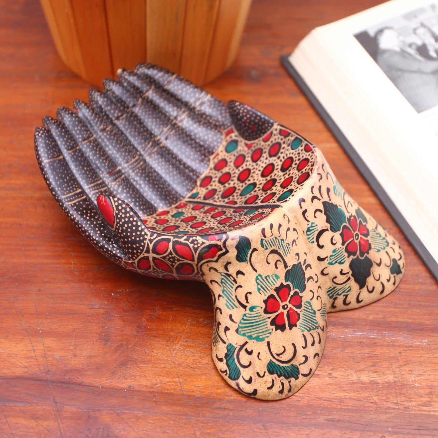 Giving Hands Hand-Painted Batik Wood Catchall from Java