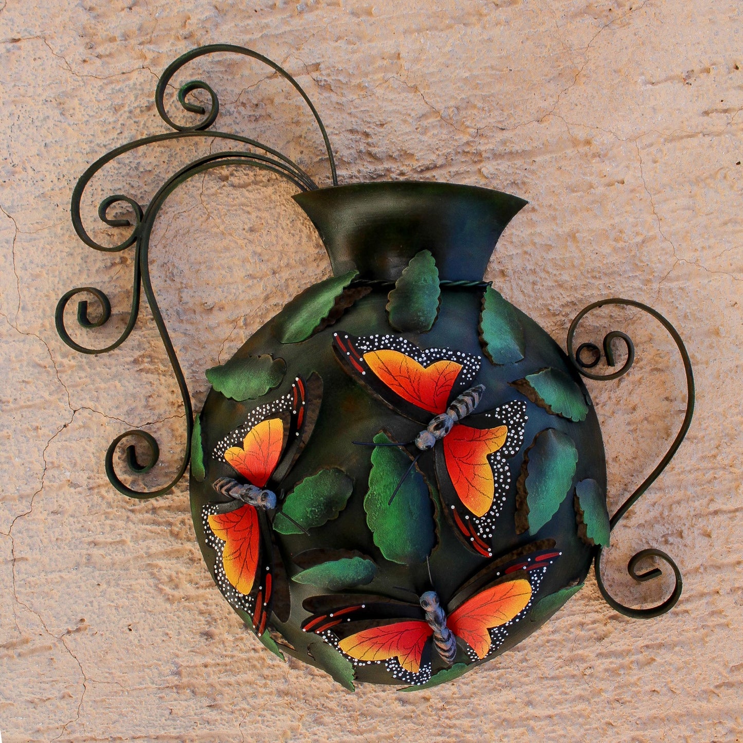 Monarch Vase Butterfly-Themed Steel Wall Sculpture from Mexico