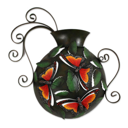 Monarch Vase Butterfly-Themed Steel Wall Sculpture from Mexico