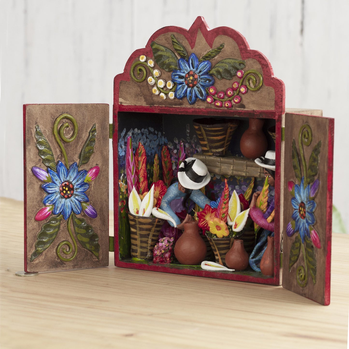 Flower Shop Floral Wood and Ceramic Retablo from Peru