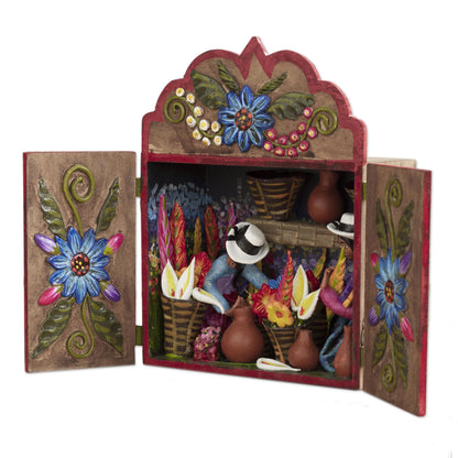 Flower Shop Floral Wood and Ceramic Retablo from Peru